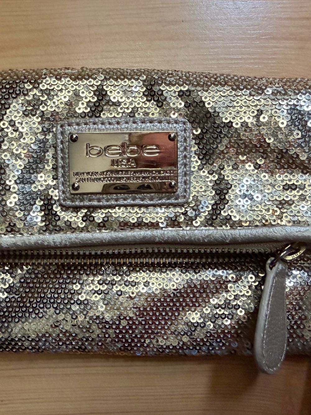 bebe Metallic Silver Sequin Clutch Wristlet